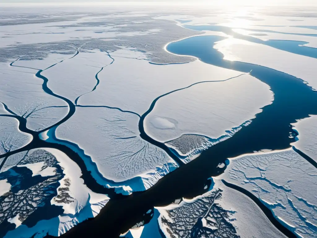 Vista aérea impresionante del permafrost, destacando su belleza etérea y la importancia ecológica del paisaje congelado