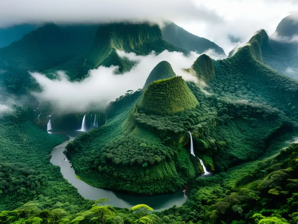 Vista aérea impresionante de un bosque nublado, con ríos, cascadas y una atmósfera etérea