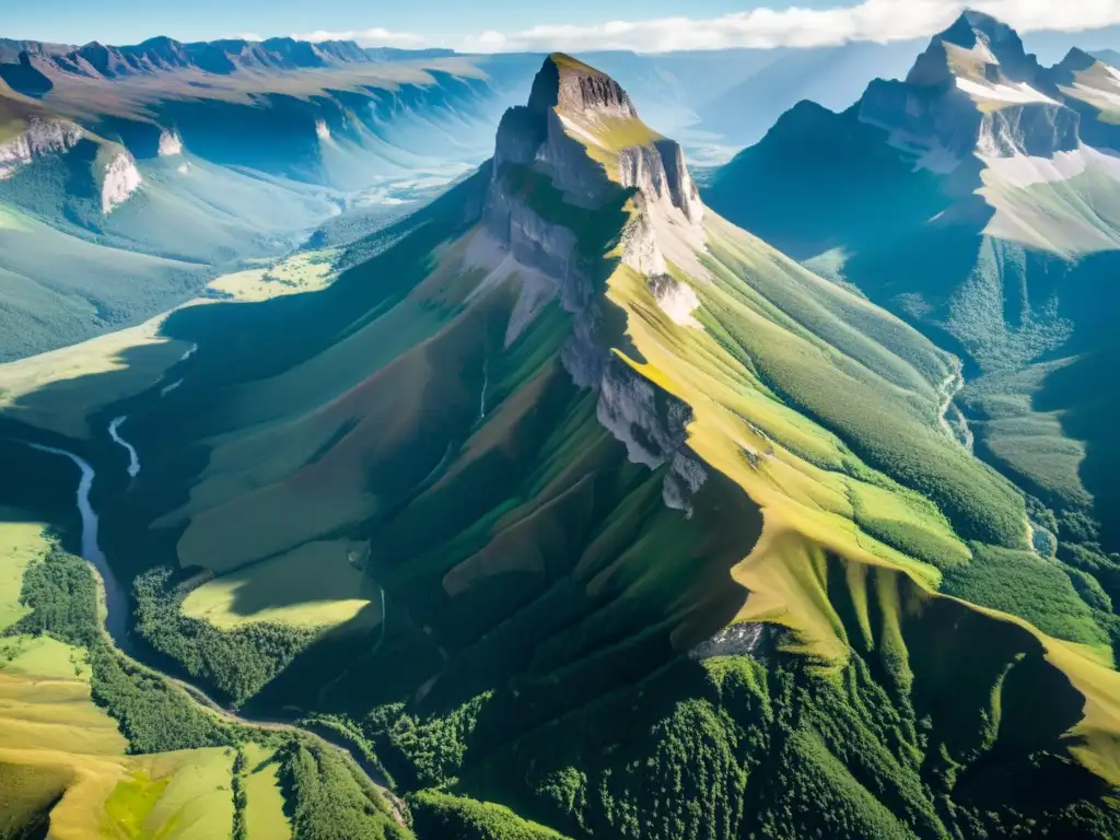 Vista aérea impresionante de una cadena montañosa, con picos escarpados, valles profundos, cascada y vegetación variada