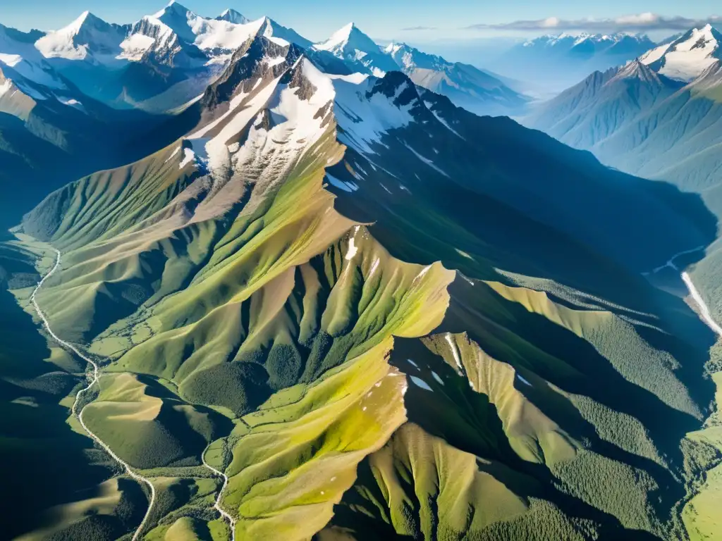 Vista aérea impresionante de la cadena montañosa con adaptaciones de la vida en montañas, revelando su belleza cruda y grandiosa