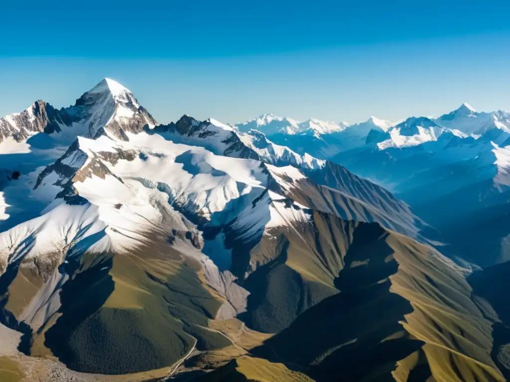 Vista aérea impresionante de una cadena montañosa con picos nevados y valles profundos, mostrando los ecosistemas y altitudes extremas