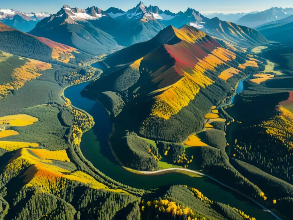 Vista aérea impresionante de ciclos estacionales ecosistemas montaña en transición de verano a otoño, con colores vibrantes y luz cálida