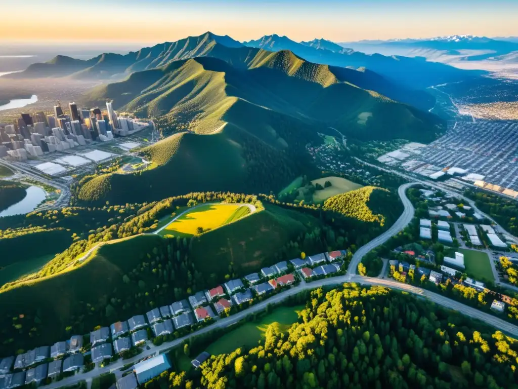 Vista aérea impresionante de una ciudad norteamericana con programas postgrado gestión ambiental, rodeada de montañas y naturaleza exuberante