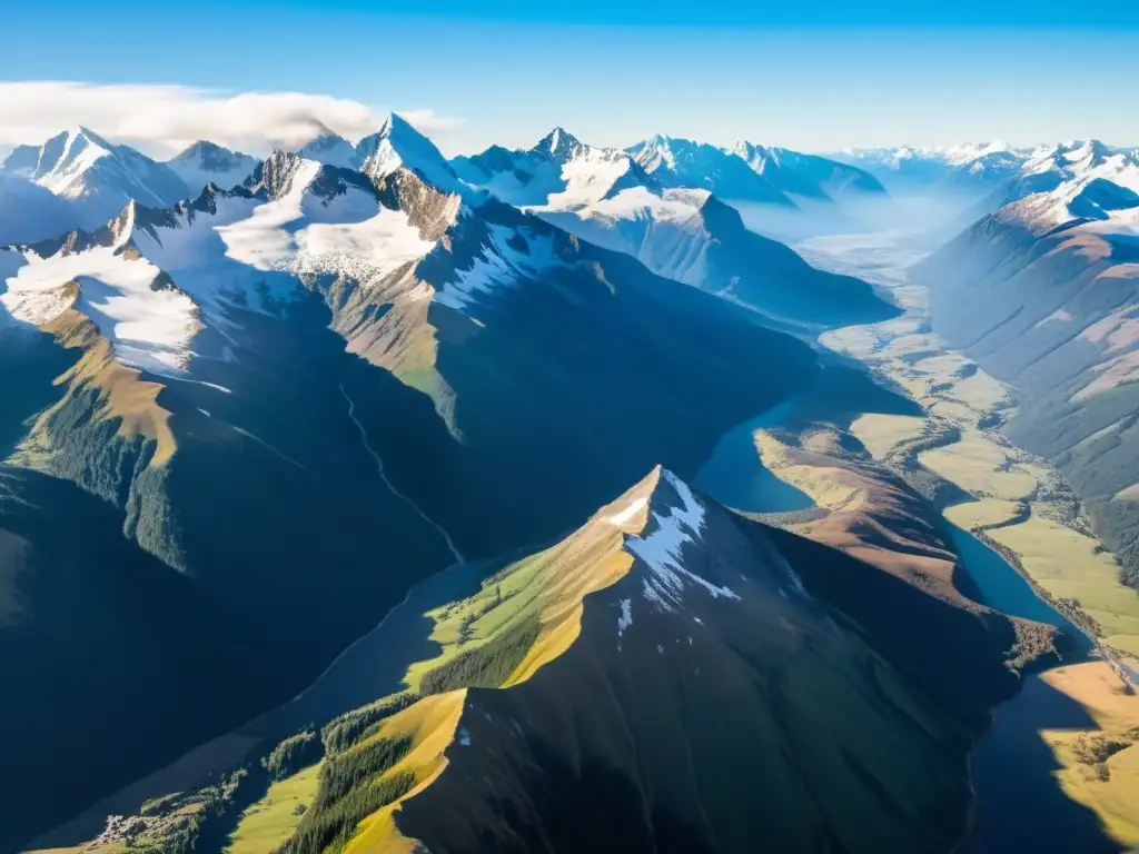 Vista aérea impresionante de una cordillera nevada con ríos y exploradores, ideal para expediciones científicas ecosistemas montaña