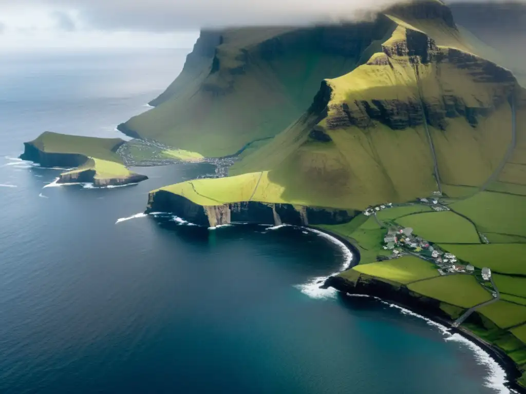 Vista aérea impresionante de la costa salvaje de las Islas Feroe con vida silvestre en Islas Feroe