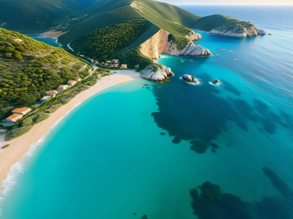 Vista aérea impresionante de la costa mediterránea con aguas turquesas, playas doradas y vegetación exuberante