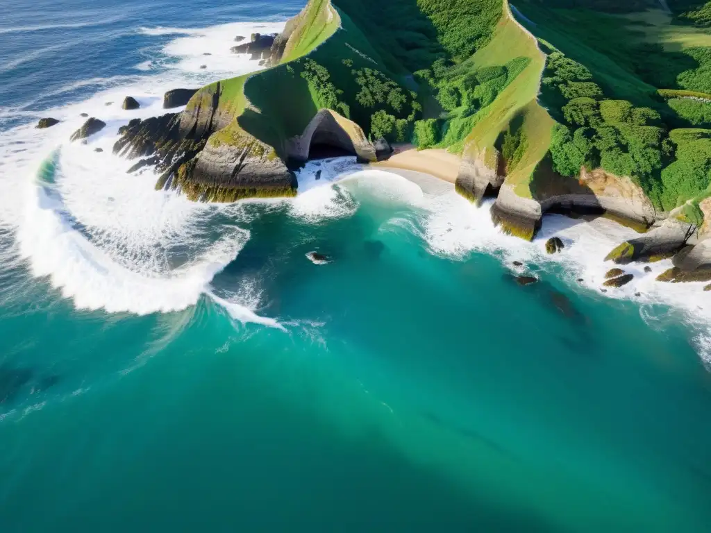 Vista aérea impresionante de la costa: encuentro del océano azul con la exuberante vegetación