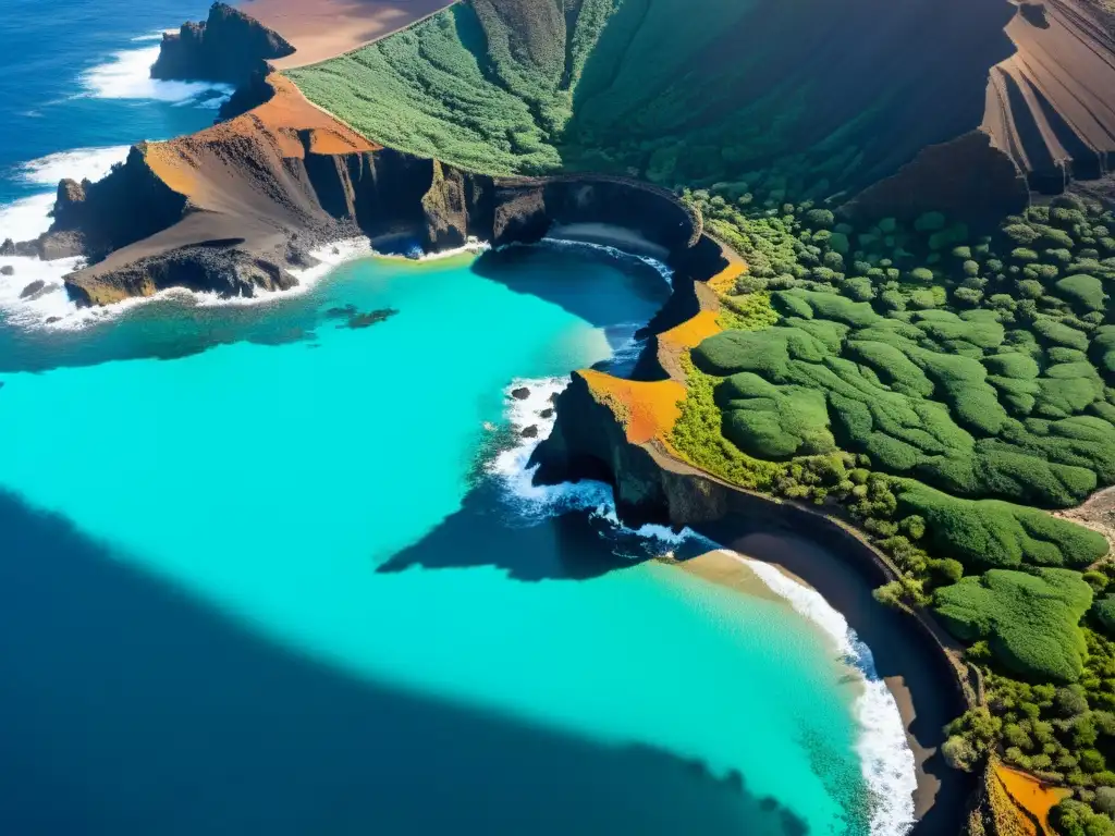 Vista aérea de la impresionante costa volcánica de las Islas Canarias, donde la geología y vida se entrelazan en un paisaje único