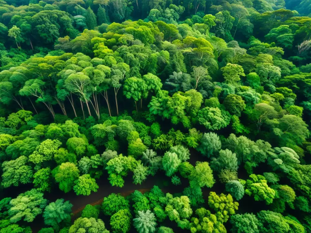 Vista aérea impresionante de un denso bosque, con luz solar filtrándose entre las hojas verdes que forman patrones en el suelo