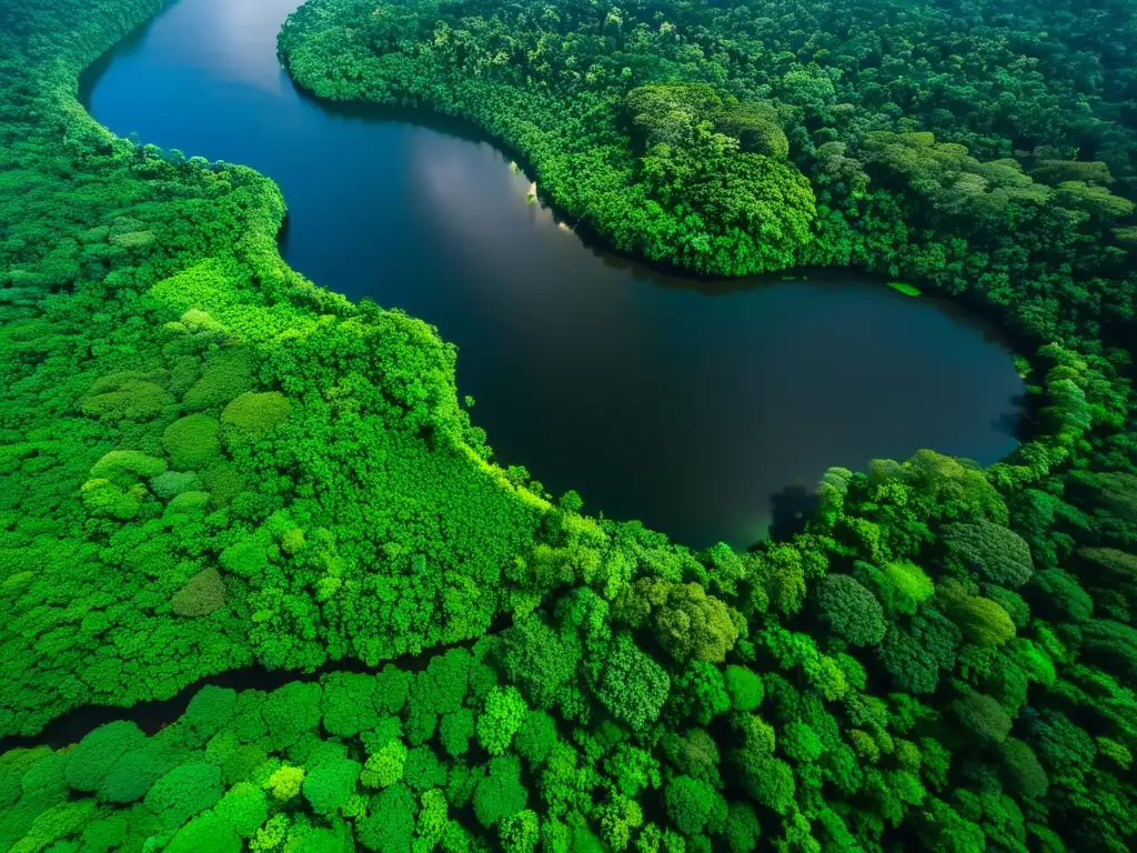 Vista aérea impresionante del denso Amazonas con plantas medicinales tribus selváticas, río serpenteante y exuberante vegetación verde