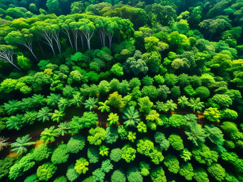 Vista aérea impresionante de un dosel de selva exuberante, con la luz del sol filtrándose a través de las hojas esmeralda y creando un hipnotizante juego de luces y sombras en el suelo del bosque