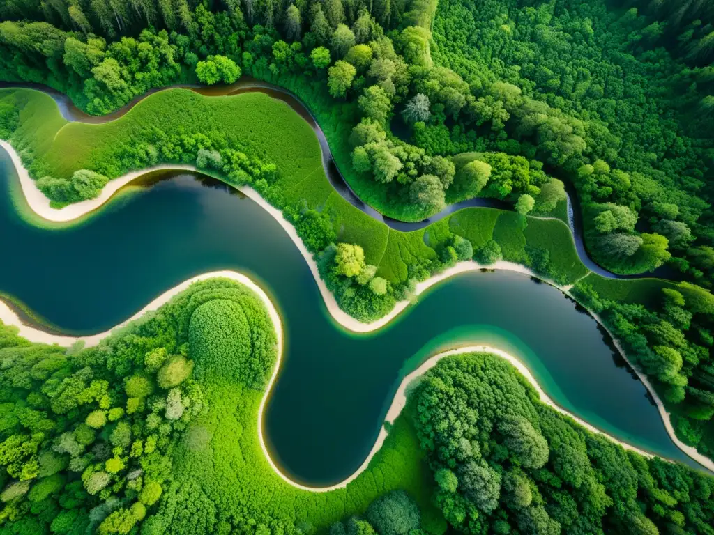 Vista aérea impresionante de un ecosistema diverso y exuberante con ríos serpenteantes, bosques densos y humedales vibrantes