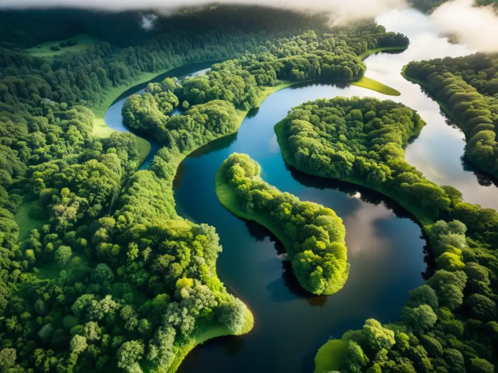 Vista aérea impresionante de un ecosistema diverso con ríos serpenteantes, bosques densos y prados vibrantes