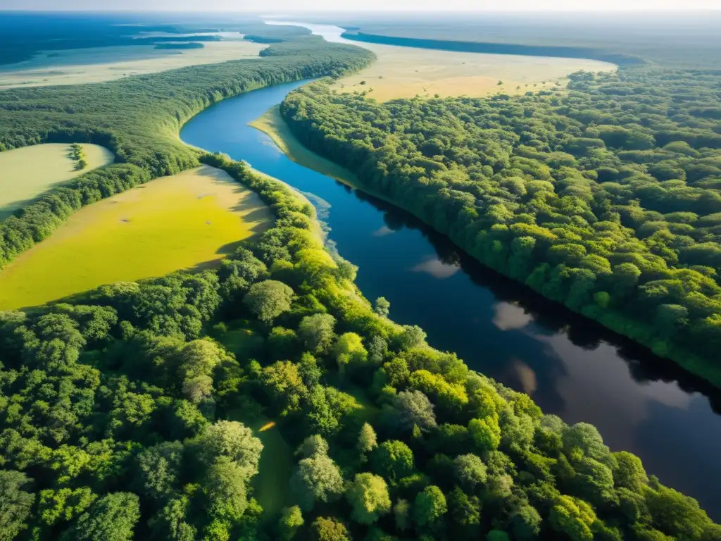 Vista aérea impresionante de un ecosistema exuberante y diverso, con ríos serpenteantes, densos bosques y praderas vibrantes