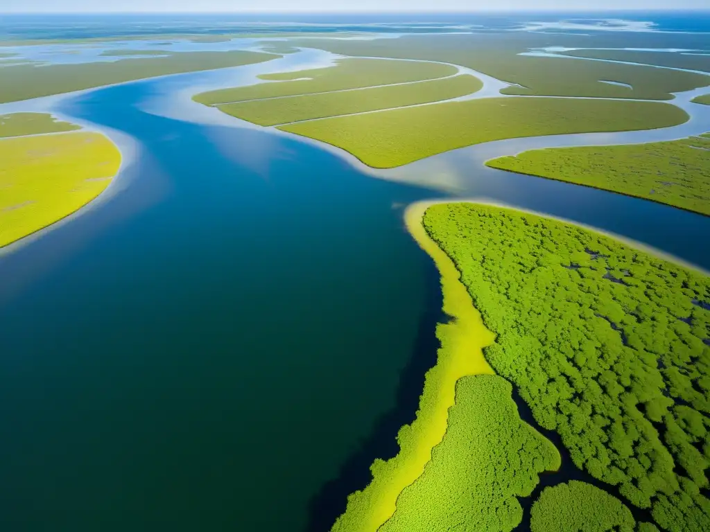 Vista aérea impresionante del ecosistema Everglades Florida Zonas Húmedas, con redes de agua, reflejos de luz y vida silvestre diversa