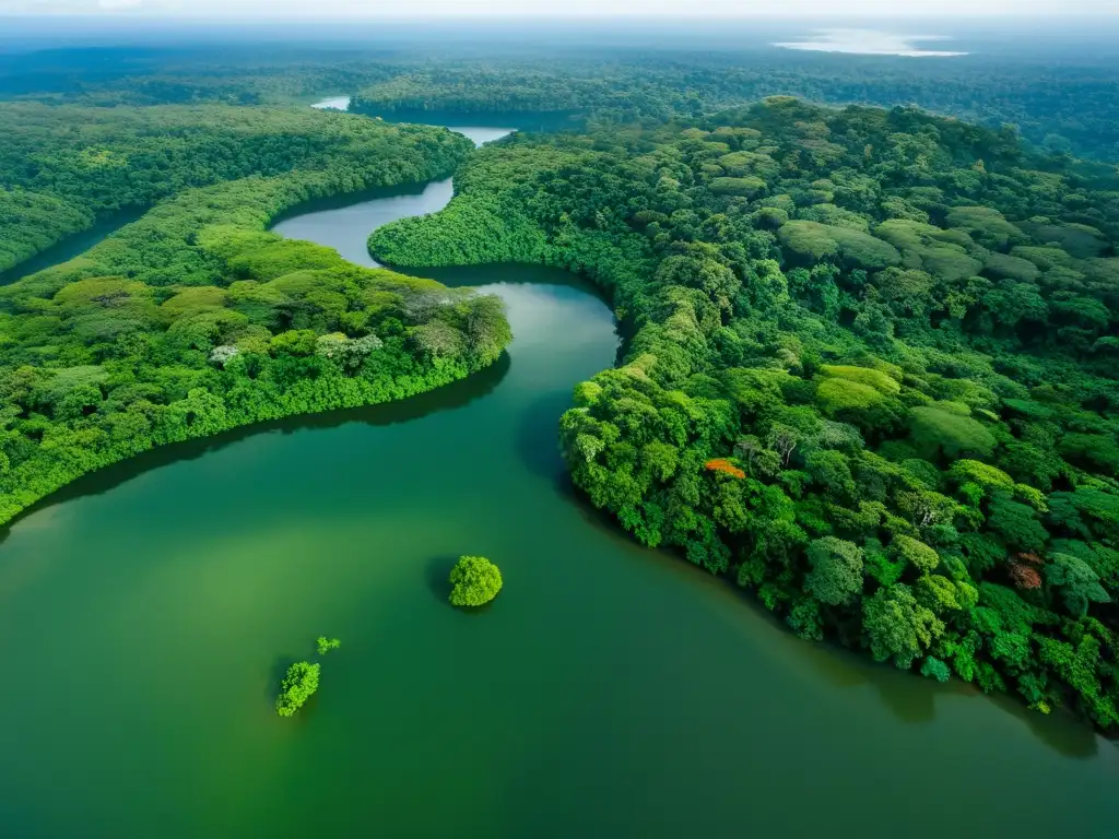 Vista aérea impresionante de un ecosistema diverso y exuberante, con abundante vegetación y vida silvestre