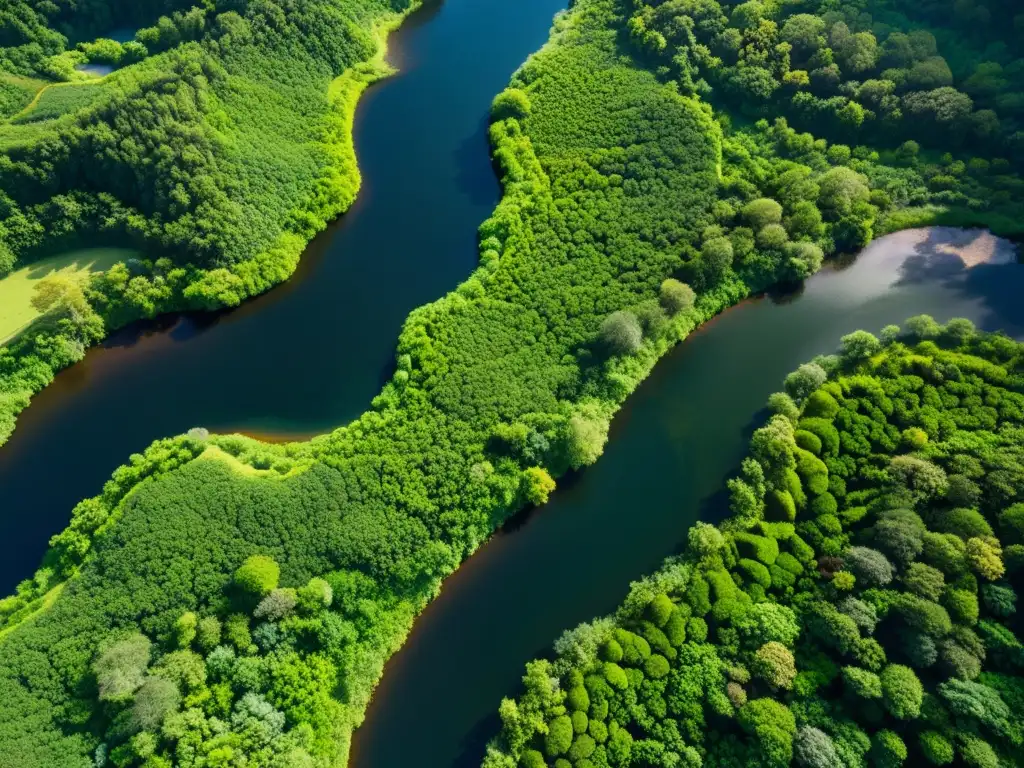 Vista aérea impresionante de un ecosistema biodiverso, destacando la integración de energías renovables en ecosistemas