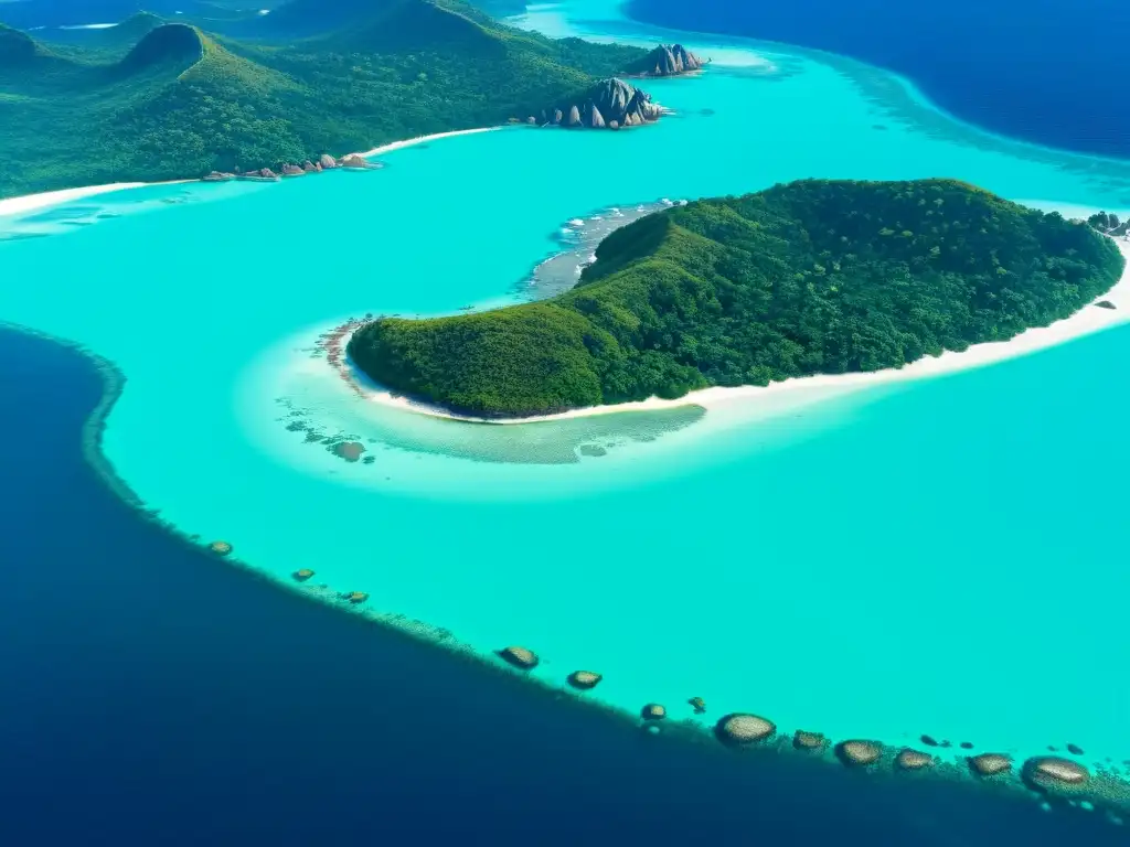 Vista aérea impresionante de los ecosistemas insulares Seychelles, con aguas turquesas, playas y vegetación exuberante