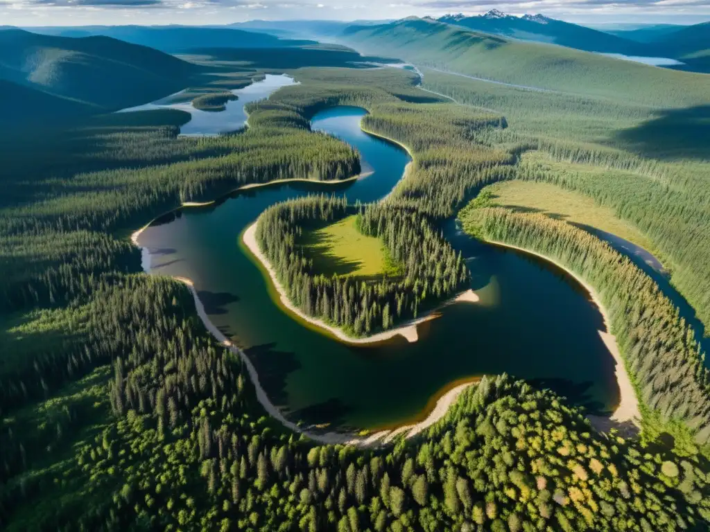 Vista aérea impresionante de la expansiva taiga, destacando bosques densos y ríos serpenteantes