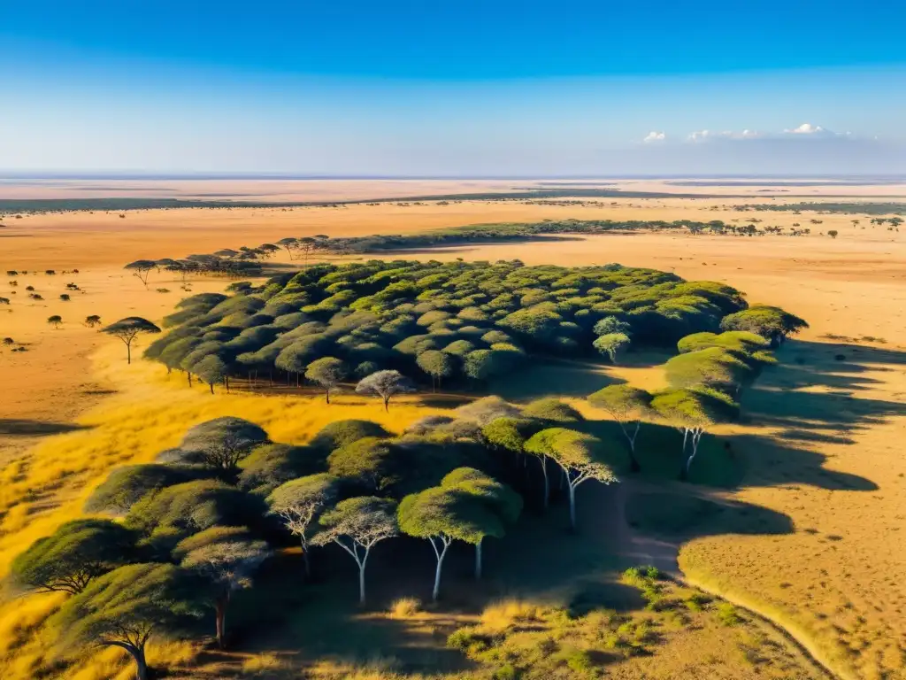 Vista aérea impresionante de una extensa sabana bajo un cielo azul claro, con árboles dispersos y vida silvestre