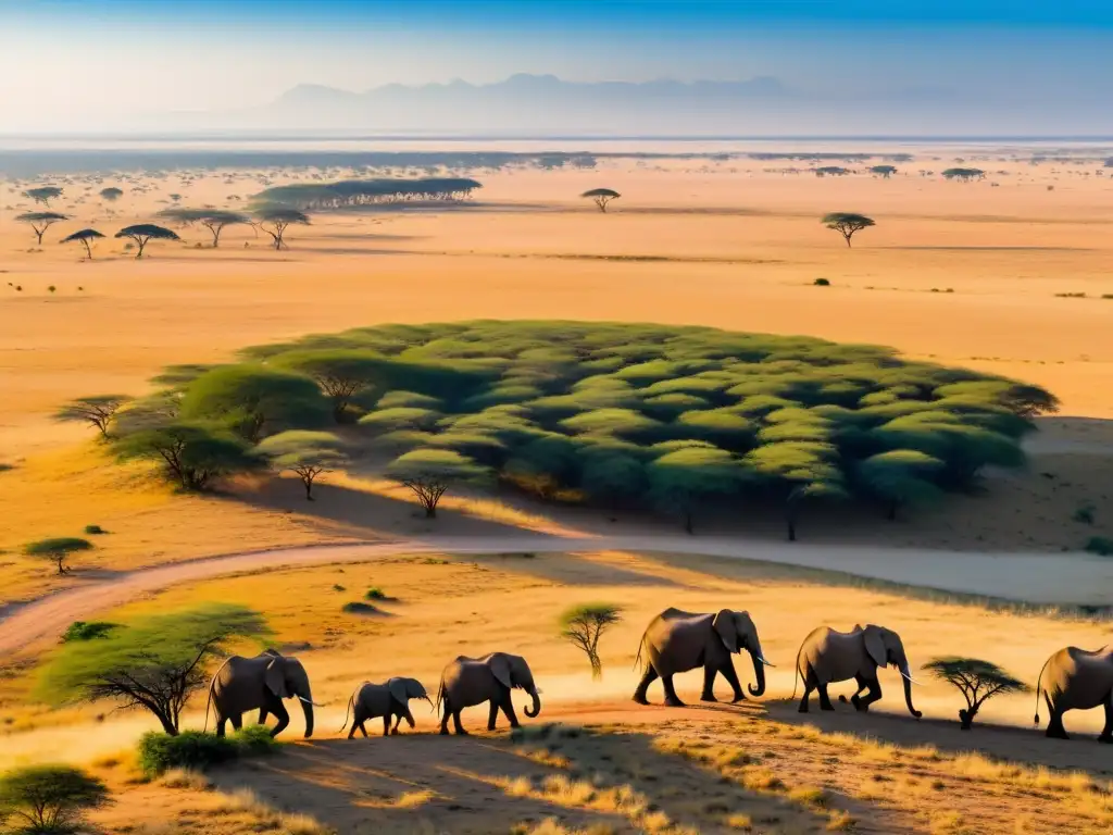 Vista aérea impresionante de una extensa sabana dorada con acacias y elefantes al fondo, mostrando la belleza y fragilidad del ecosistema