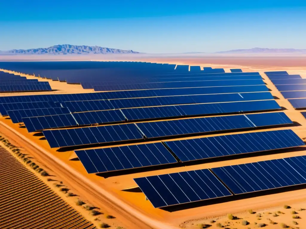 Vista aérea impresionante de una extensa granja solar en el desierto, con paneles brillantes reflejando la luz solar