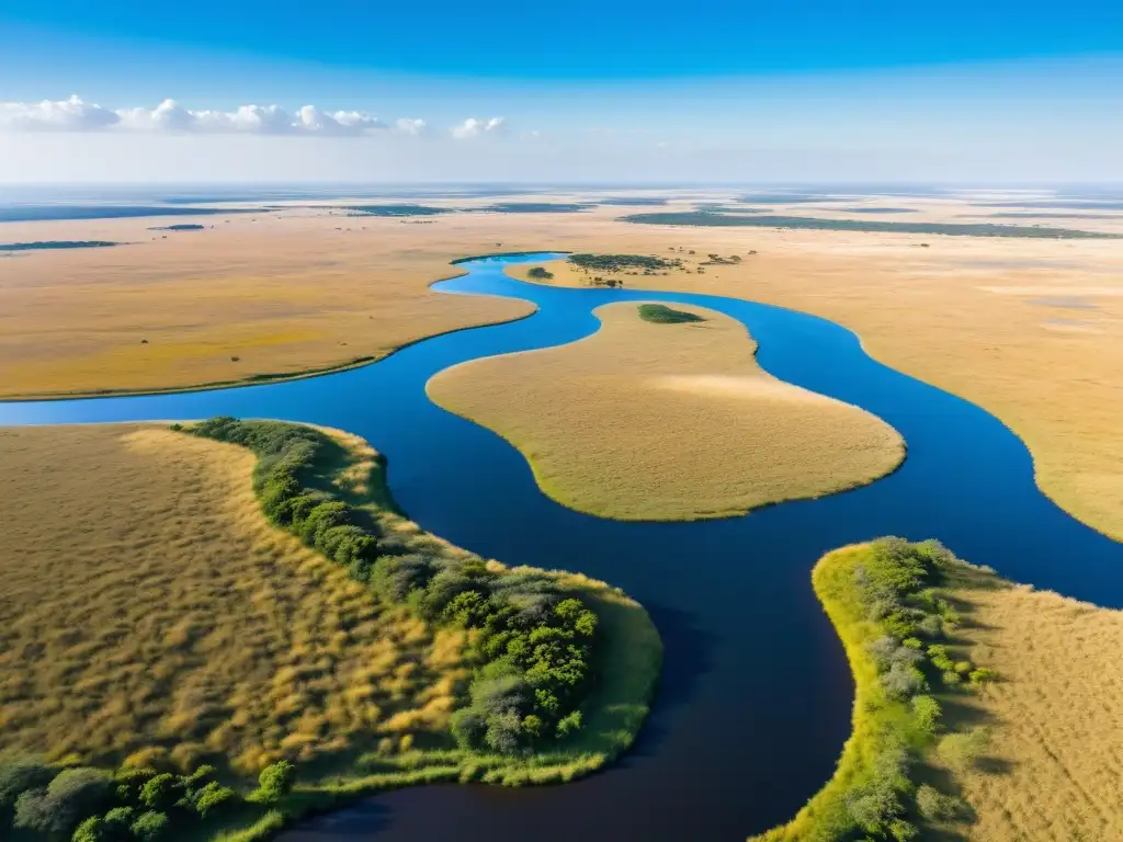 Vista aérea impresionante de una extensa pradera dorada, con un río serpenteante y animales congregándose cerca del agua