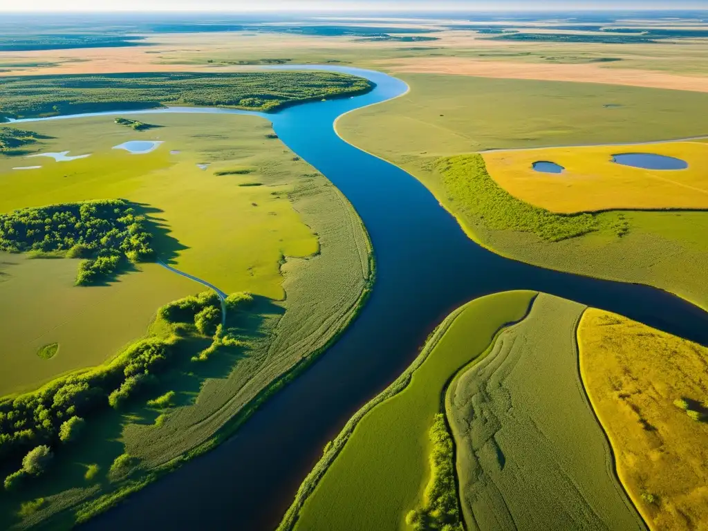 Vista aérea impresionante de las extensas praderas norteamericanas, resaltando su diverso ecosistema y la importancia de la conservación de praderas norteamericanas