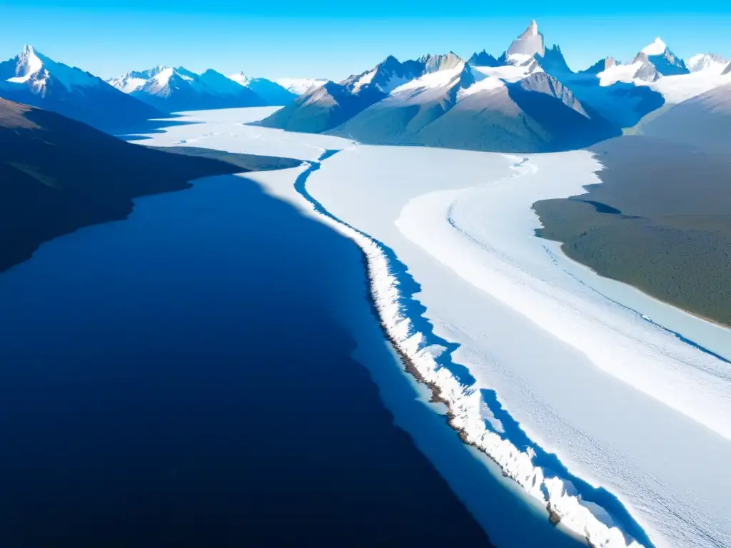 Una vista aérea impresionante del extenso y helado Campo de Hielo Patagónico Sur, con picos nevados y grietas azules