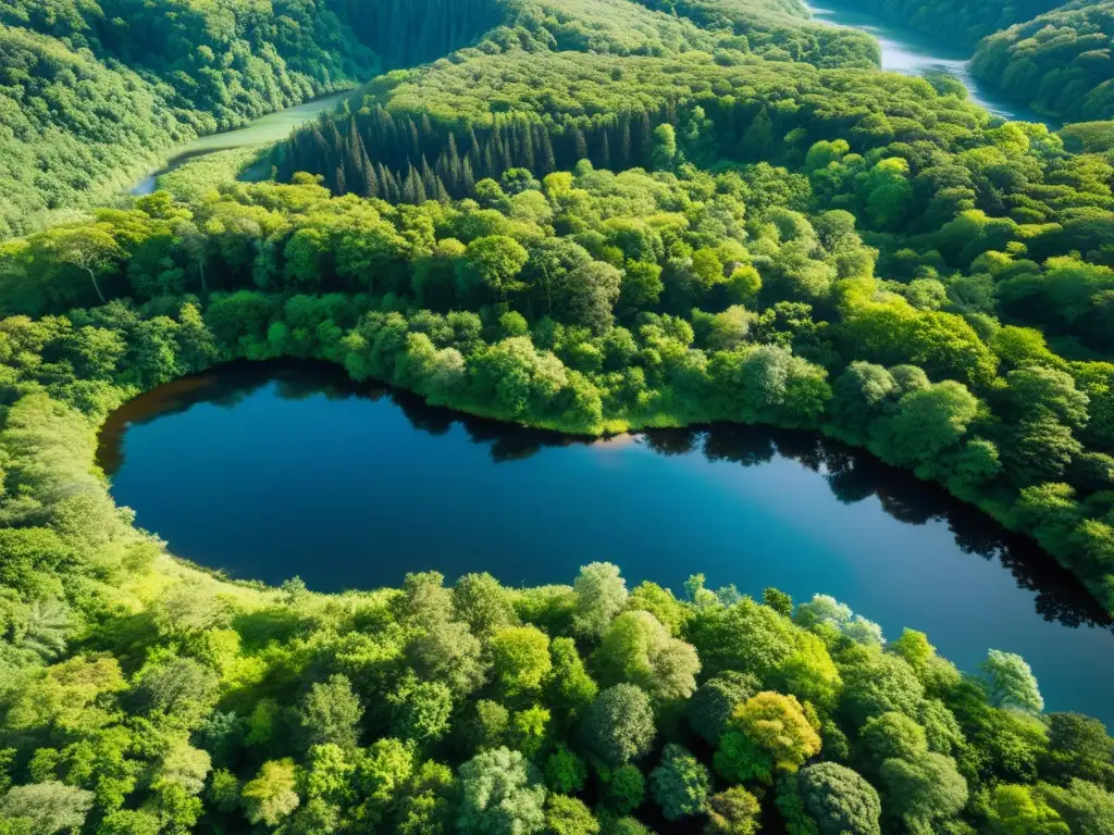 Vista aérea impresionante de un exuberante bosque con diversa vida silvestre y un río serpenteante