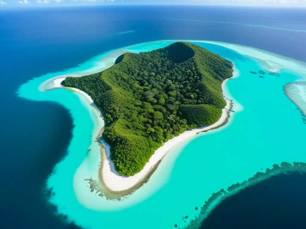 Una vista aérea impresionante de un exuberante paisaje insular rodeado de aguas turquesa cristalinas