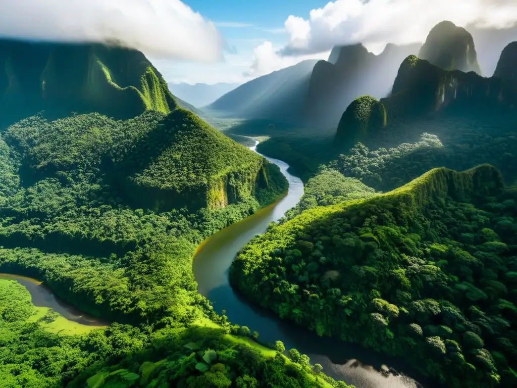 Vista aérea impresionante de un exuberante bosque tropical entre montañas