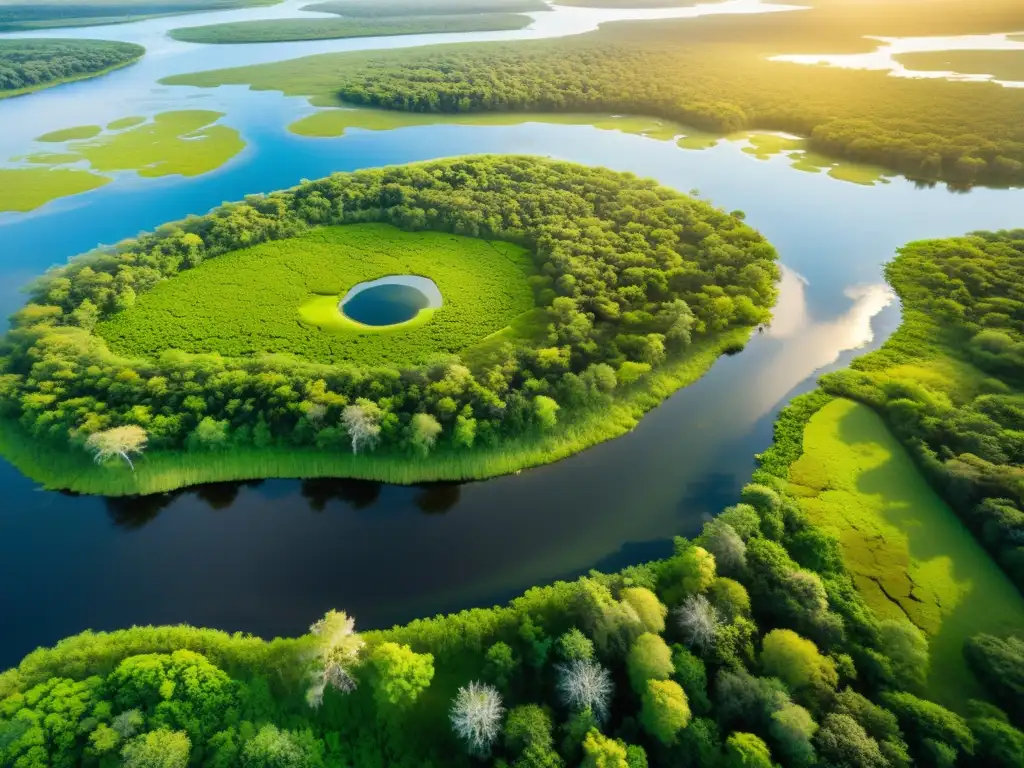 Una vista aérea impresionante de un exuberante humedal, mostrando el intrincado entramado de vías fluviales y una diversa flora y fauna