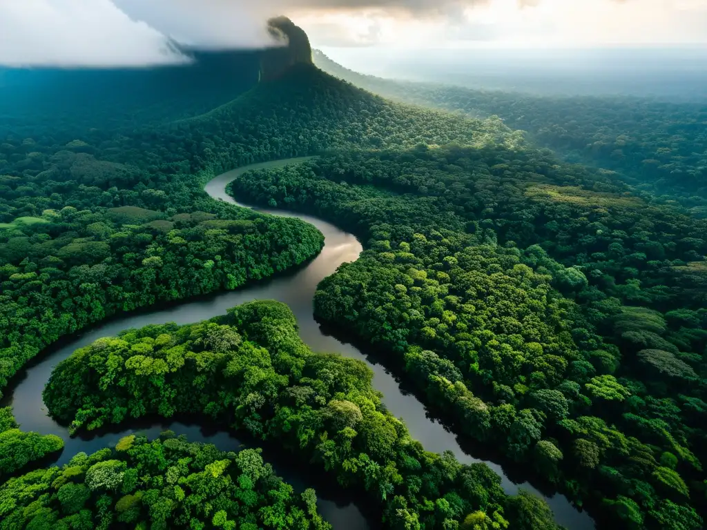 Vista aérea impresionante de un exuberante y vibrante bosque tropical con diversa vegetación, ríos sinuosos y vida silvestre abundante