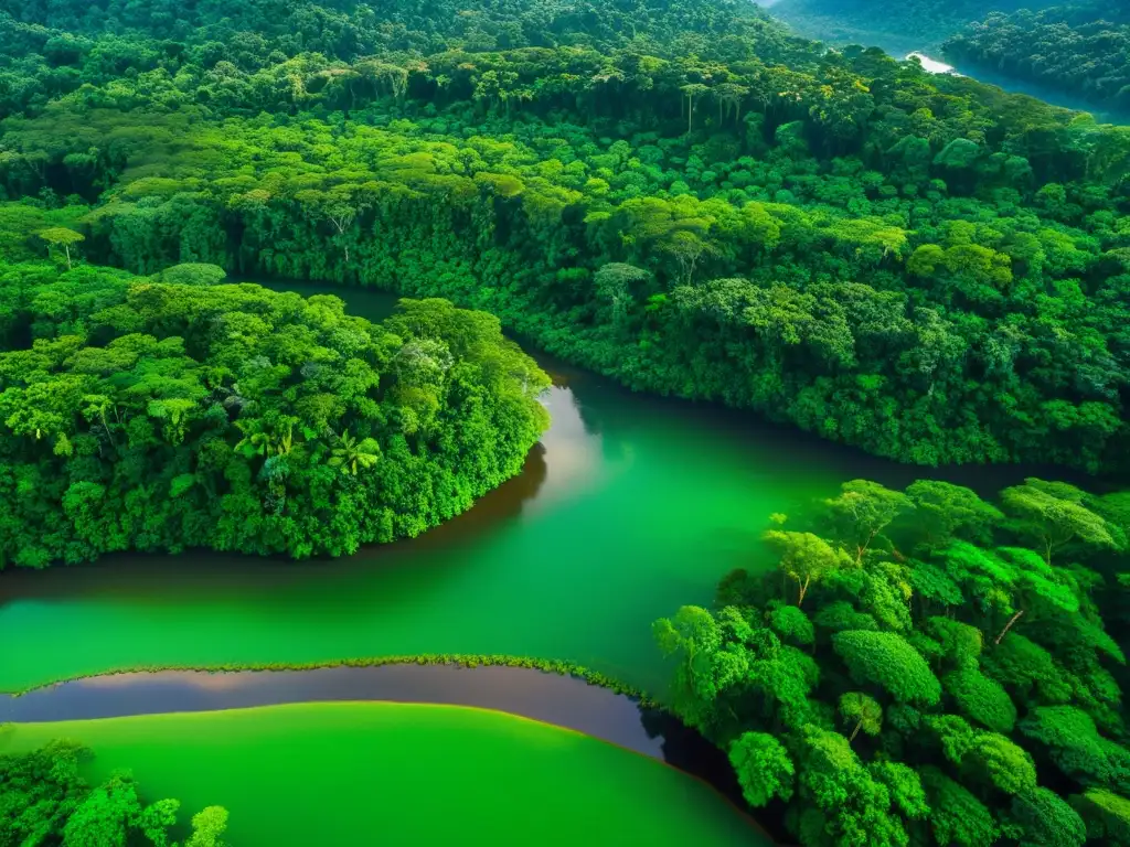 Vista aérea impresionante de un exuberante dosel de selva con juegos de luz y sombra, destacando la conservación de la biodiversidad en ecosistemas