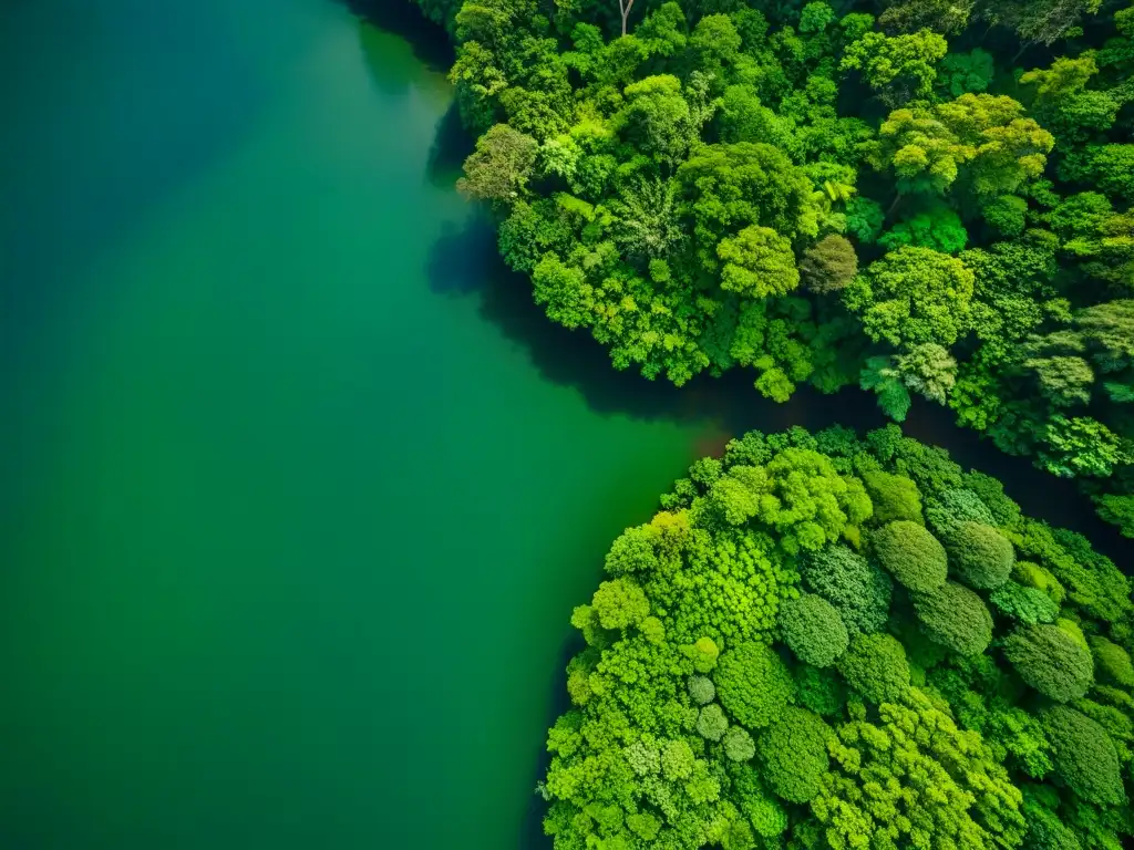 Vista aérea impresionante de un exuberante y vibrante bosque tropical, con el sol creando sombras dramáticas a través del denso dosel