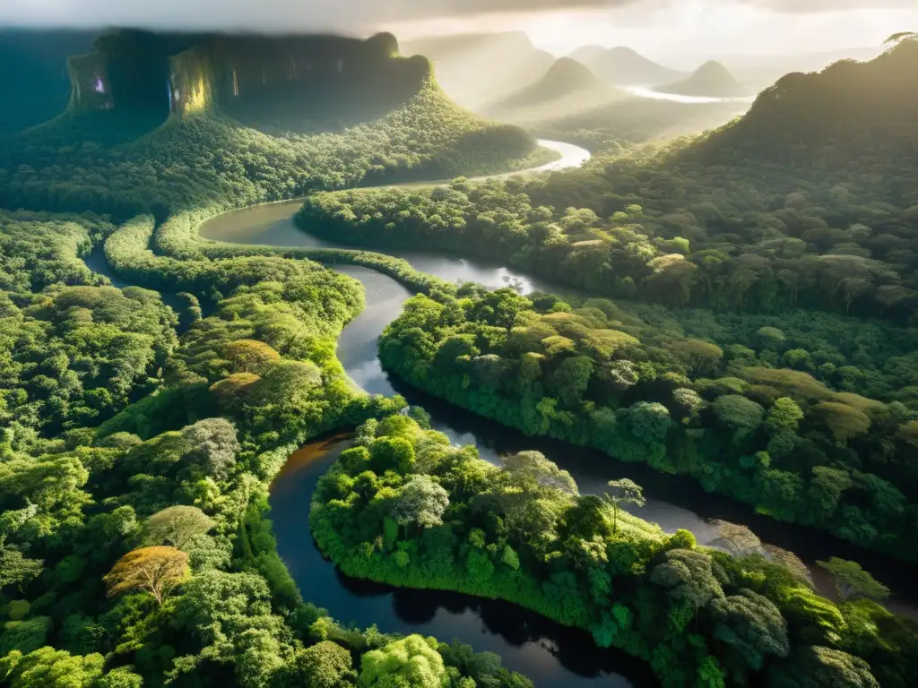 Vista aérea impresionante de un exuberante bosque lluvioso con un río, muestra la diversa vida vegetal y animal