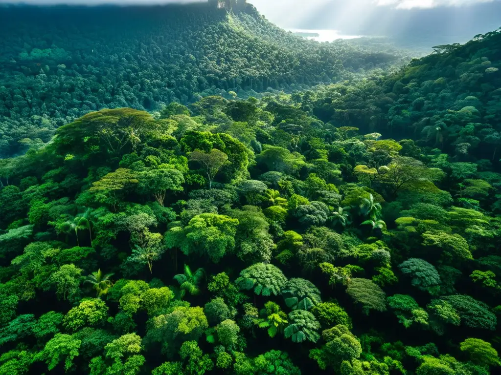 Vista aérea impresionante de un exuberante dosel de selva tropical con luz solar filtrándose a través de la densa vegetación