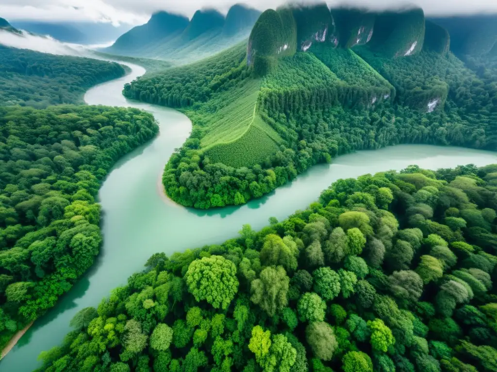 Vista aérea impresionante de un exuberante bosque con río cristalino