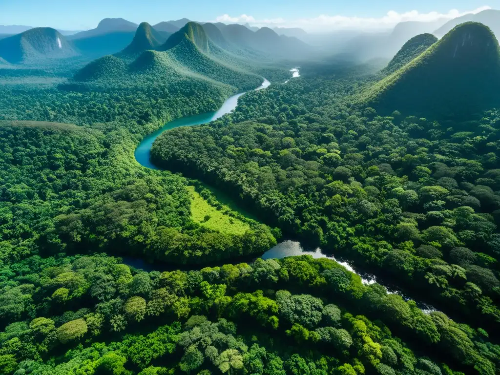 Vista aérea impresionante de un exuberante bosque lluvioso, con follaje verde vibrante y río serpenteante