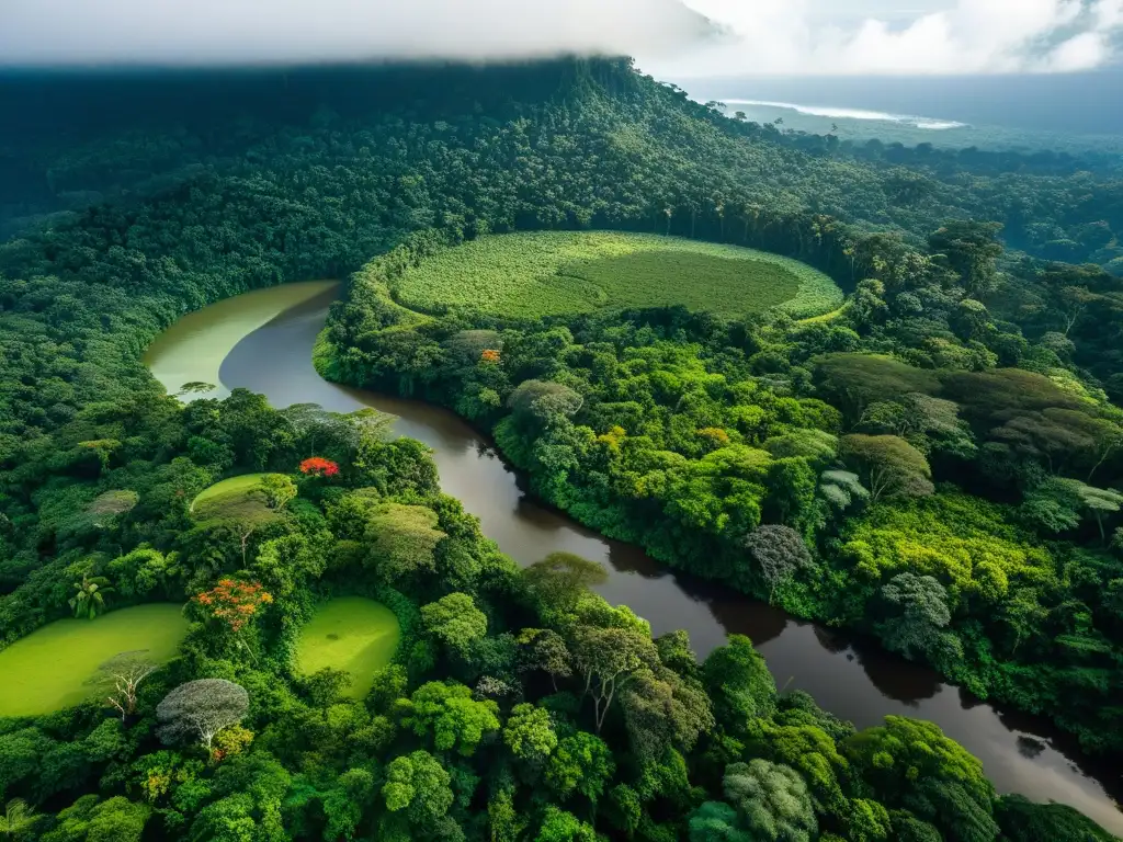 Vista aérea impresionante de la exuberante Amazonía, con río serpenteante y selva vibrante