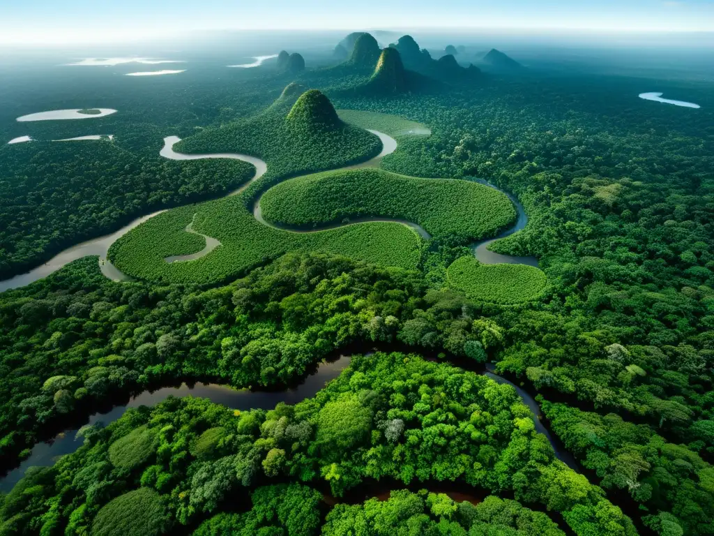 Esplendor amazónico: vista aérea de exuberante selva verde Vista aérea impresionante de la exuberante Amazonía, con ríos relucientes y una biodiversidad inigualable