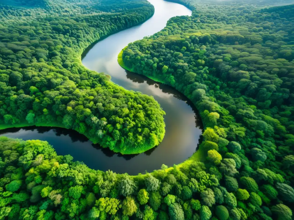 Vista aérea impresionante de un exuberante bosque verde con un río serpenteante