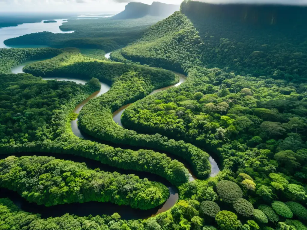 Vista aérea impresionante de un exuberante dosel de selva, con luz solar filtrándose entre la densa vegetación, resaltando la biodiversidad