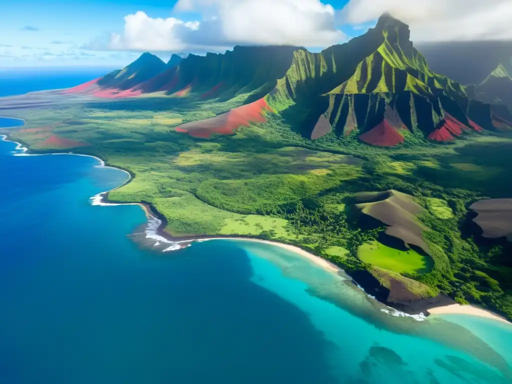 Vista aérea impresionante de las exuberantes islas de Hawái, invitando a explorar el ecoturismo en las islas de Hawái