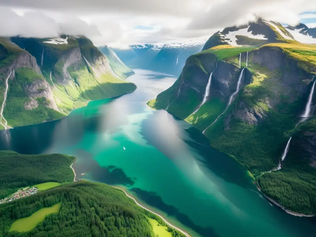 Vista aérea impresionante de los fiordos noruegos, con aguas verdes y montañas nevadas