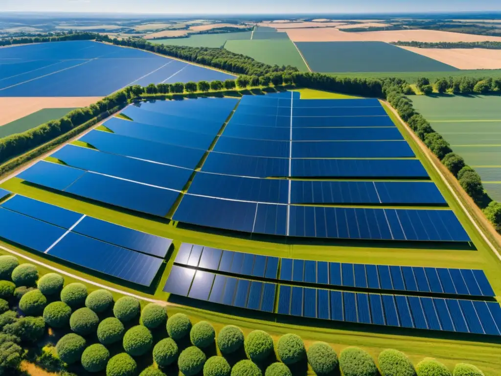 Vista aérea impresionante de un gran campo de paneles solares comerciales, con patrones geométricos y sombras llamativas