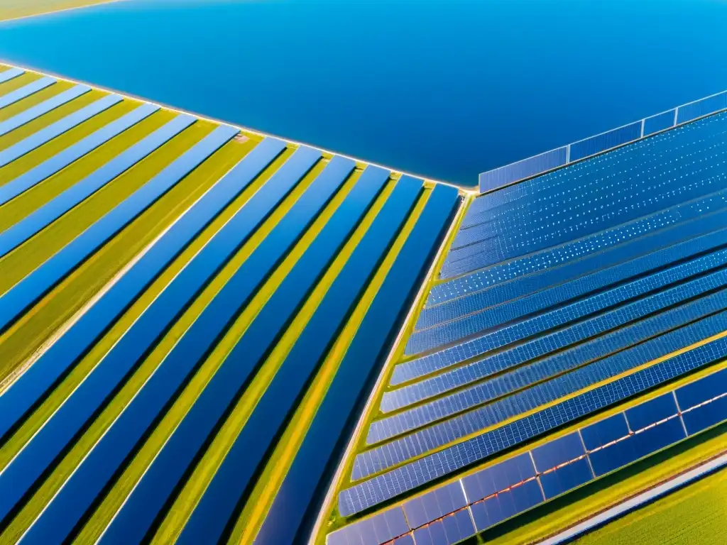 Vista aérea de una impresionante granja solar con paneles relucientes, formando un diseño geométrico fascinante