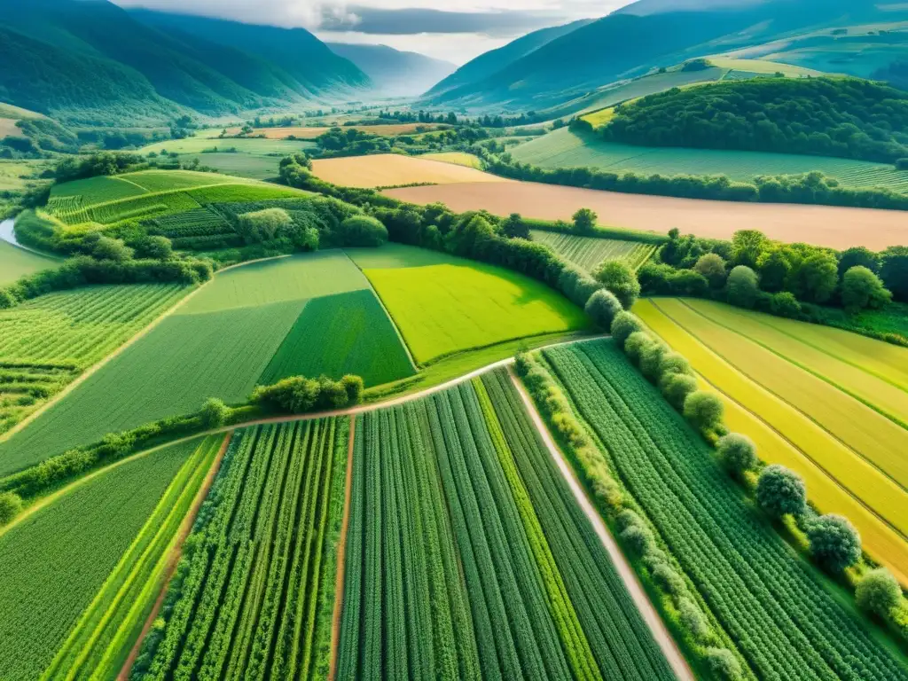 Vista aérea impresionante de una granja orgánica en armonía con la naturaleza