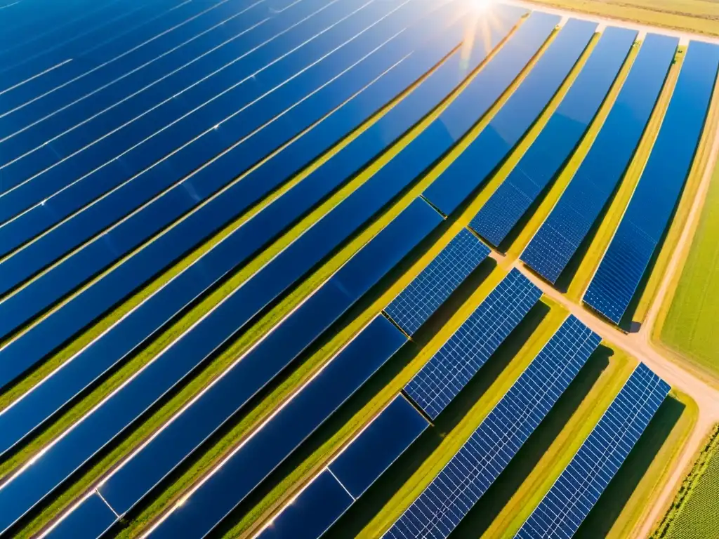 Vista aérea impresionante de una granja solar con paneles relucientes bajo un cielo azul